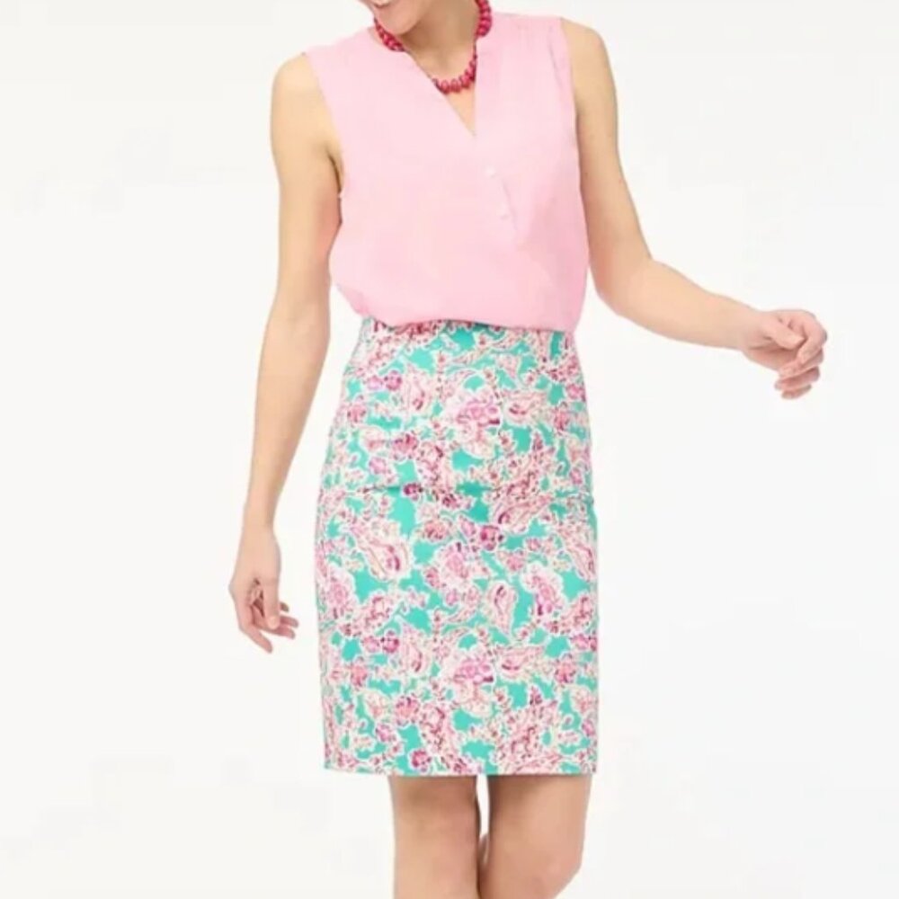 J Crew Factory Floral Printed Pencil Skirt Pink Sea Foam Summer NWT 6